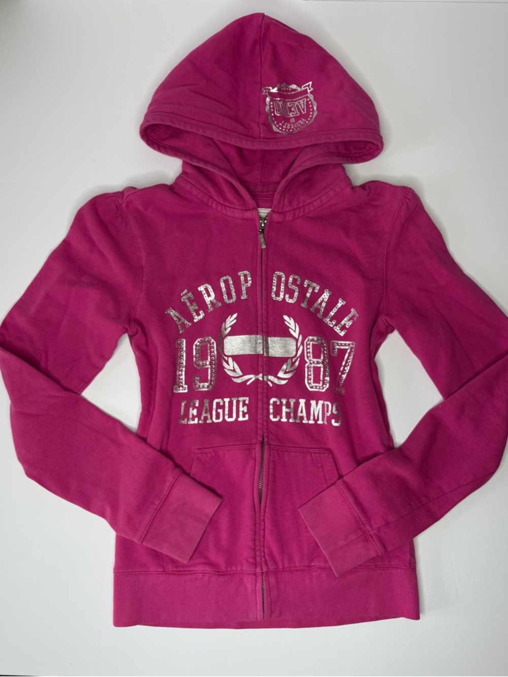 Aeropostale Pink Hoodie Size Medium Zip Up Rhinestone Logo Casual Y2K